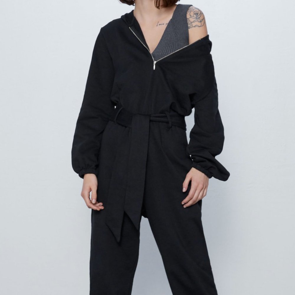 Zara Black Long-Sleeve Zip Jumpsuit with Waist Tie